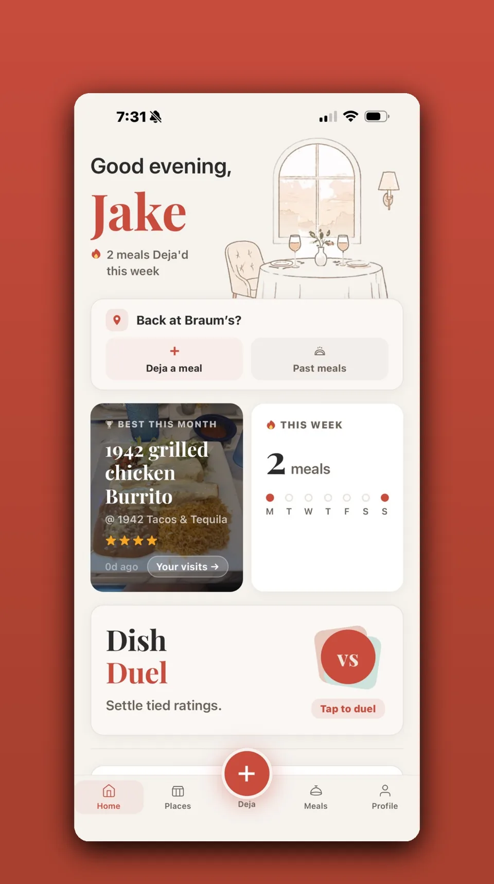 DejaFood home screen with a personal greeting, this week's meals, your best dish of the month, and Dish Duel
