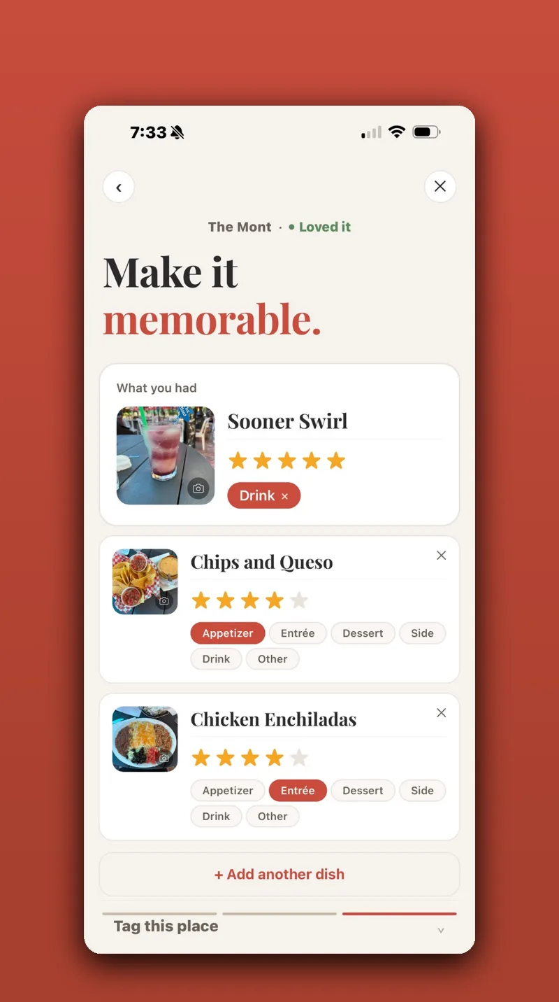Logging a meal in DejaFood: dishes with photos, star ratings, and course tags